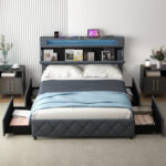 Full/Queen Size Bed Frame with Adjustable Storage Headboard and Wooden Slat Support - Image 2