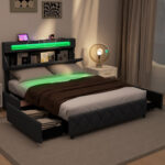 Full/Queen Size Bed Frame with Adjustable Storage Headboard and Wooden Slat Support - Image 3