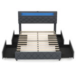 Full/Queen Size Bed Frame with Adjustable Storage Headboard and Wooden Slat Support - Image 4