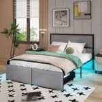 Full/Queen/Twin Size Bed Frame with LED Lights Drawer and Metal Slats - Image 5
