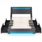 Full Size Bed Frame with LED Lights Wingback Headboard and Charging Station