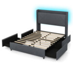 Full/Queen Size Bed Frame with LED Lights and Charging Station