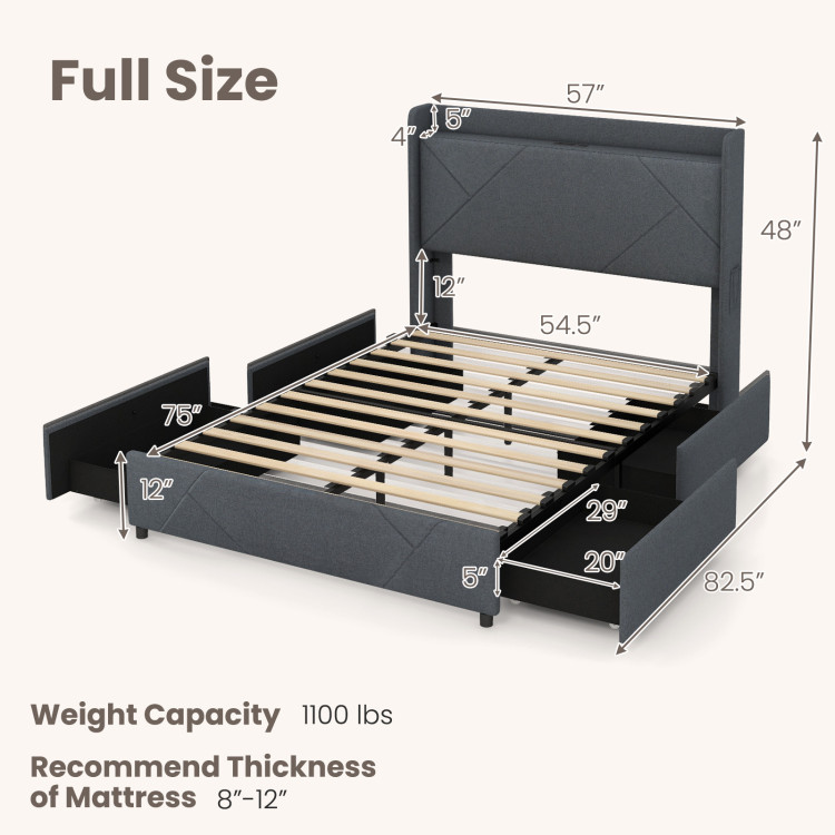 Full/Queen Size Bed Frame with LED Lights and Charging Station - Image 4