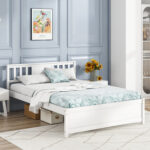 Wooden Platform Bed with Headboard and Wood Slat Support White - Image 5
