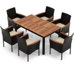 7 Pieces Rattan Patio Dining Set with Stackable Chairs and Umbrella Hole - Image 14