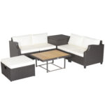 7 Pieces Wicker Outdoor Furniture Set with Acacia Wood Coffee Table and Ottoman