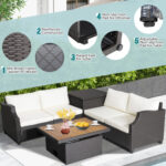 7 Pieces Wicker Outdoor Furniture Set with Acacia Wood Coffee Table and Ottoman - Image 6