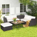 7 Pieces Wicker Outdoor Furniture Set with Acacia Wood Coffee Table and Ottoman - Image 2