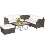 7 Pieces Wicker Outdoor Furniture Set with Acacia Wood Coffee Table and Ottoman - Image 4