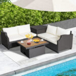 7 Pieces Wicker Outdoor Furniture Set with Acacia Wood Coffee Table and Ottoman - Image 3