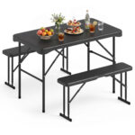 Outdoor Folding Table Bench Set w All-Weather HDPE Tabletop and Sturdy Metal Frame