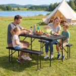 Outdoor Folding Table Bench Set w All-Weather HDPE Tabletop and Sturdy Metal Frame - Image 2