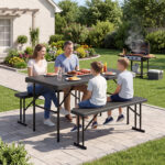 Outdoor Folding Table Bench Set w All-Weather HDPE Tabletop and Sturdy Metal Frame - Image 3