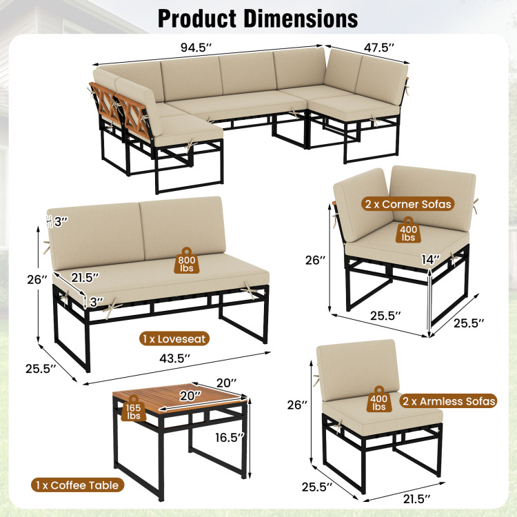 6 Piece Outdoor Sectional Sofa Set Metal Conversation Set with Cushions - Image 5