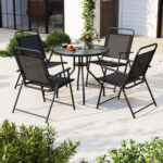 6 Pieces Patio Dining Set Folding Chairs Glass Table Tilt Umbrella for Garden - Image 2