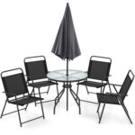 6 Pieces Patio Dining Set Folding Chairs Glass Table Tilt Umbrella for Garden - Image 7