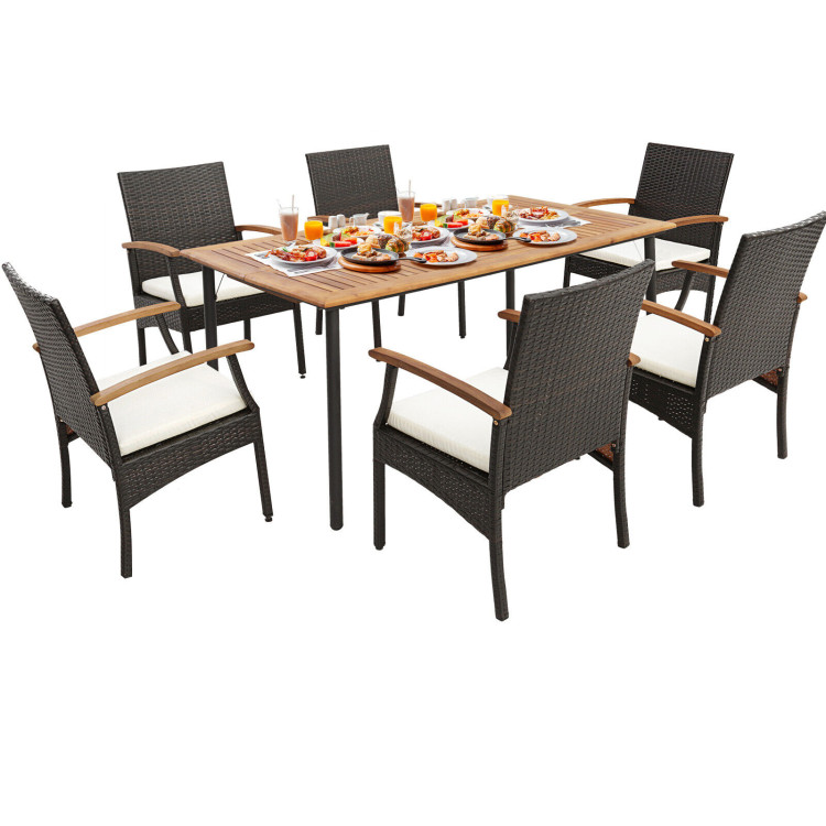 7 Pieces Patio Wicker Cushioned Dining Set with Wood Armrest and Umbrella Hole - Image 1
