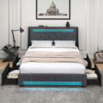 Queen Size Upholstered Platform Bed Frame with LED Lights and Charging Station - Image 2