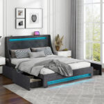 Queen Size Upholstered Platform Bed Frame with LED Lights and Charging Station - Image 3