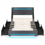 Queen Size Upholstered Platform Bed Frame with LED Lights and Charging Station
