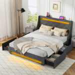 Queen Size Upholstered Platform Bed Frame with LED Lights and Charging Station - Image 5