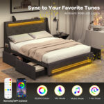 Queen Size Upholstered Platform Bed Frame with LED Lights and Charging Station - Image 6
