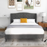 Full/Queen Size Upholstered Platform Bed Frame with Button Tufted Headboard - Image 3