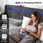 Queen Size Upholstered Platform Bed Frame with LED Lights and Charging Station - Image 7