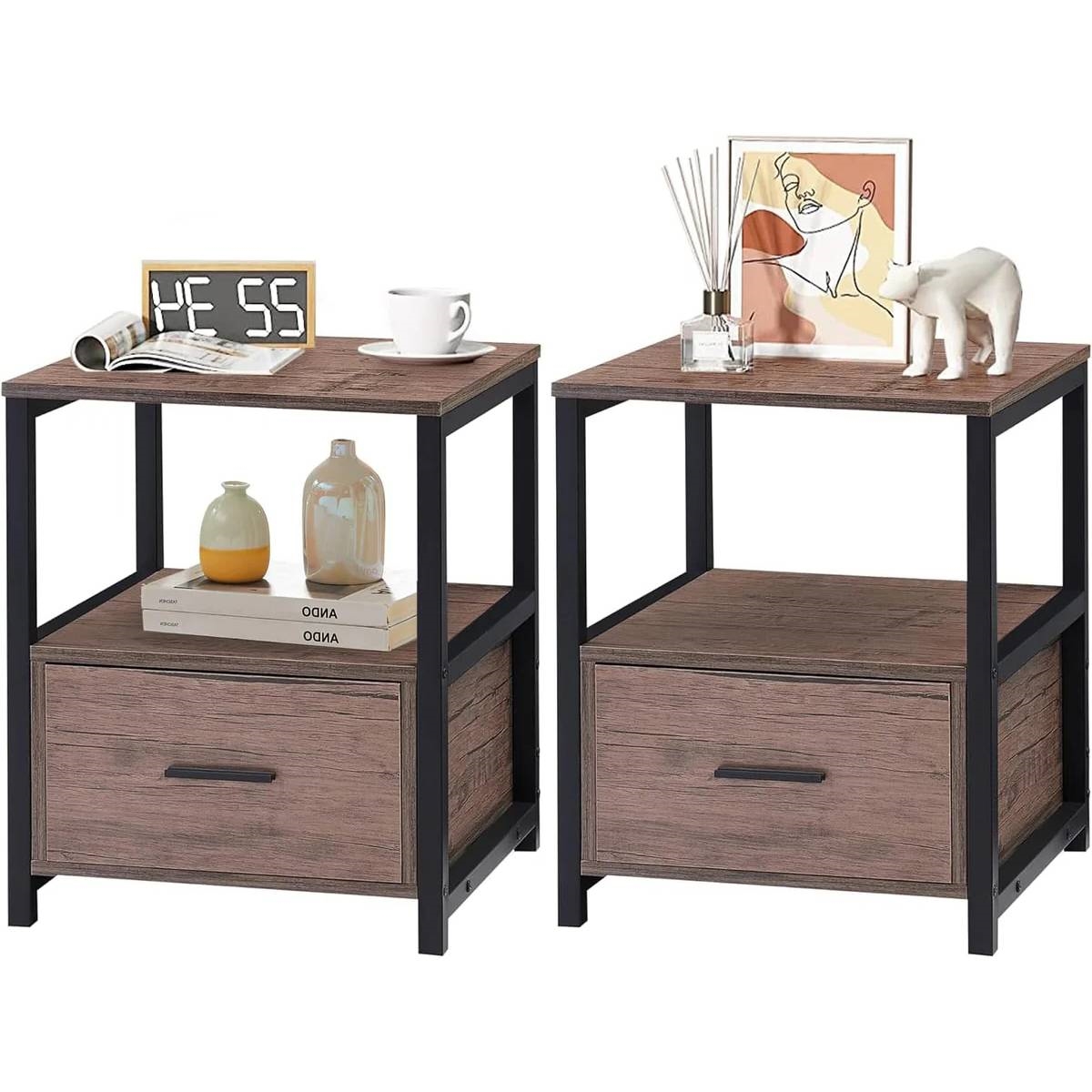Set of 2 - Modern Metal Wood Side End Table Nightstand with Storage Drawer