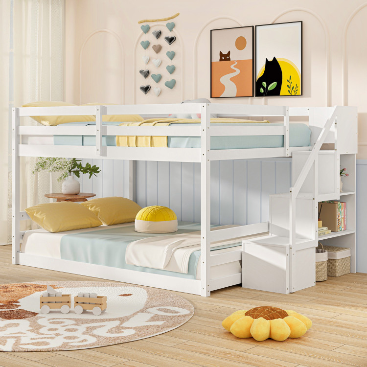 Solid Wood Full Over Full Low Bunk Bed with Storage Stairs - Image 2