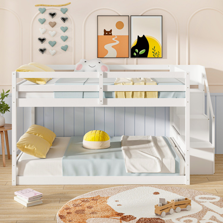 Solid Wood Full Over Full Low Bunk Bed with Storage Stairs - Image 10