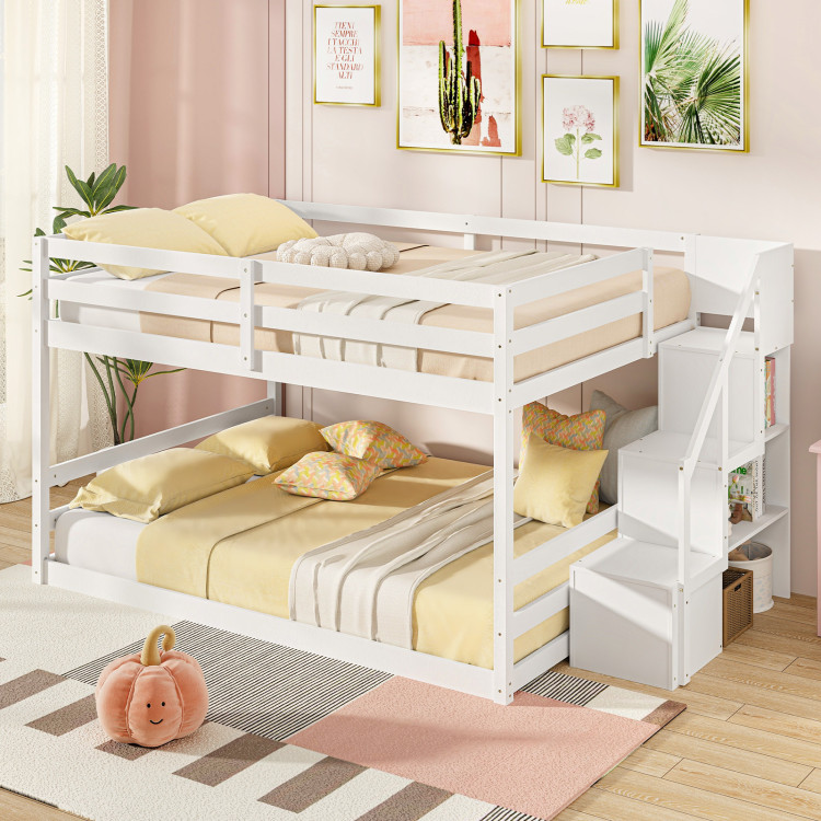 Solid Wood Full Over Full Low Bunk Bed with Storage Stairs - Image 3