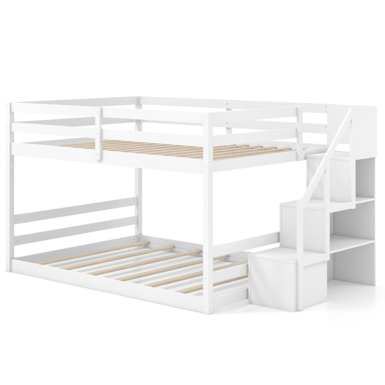 Solid Wood Full Over Full Low Bunk Bed with Storage Stairs - Image 1