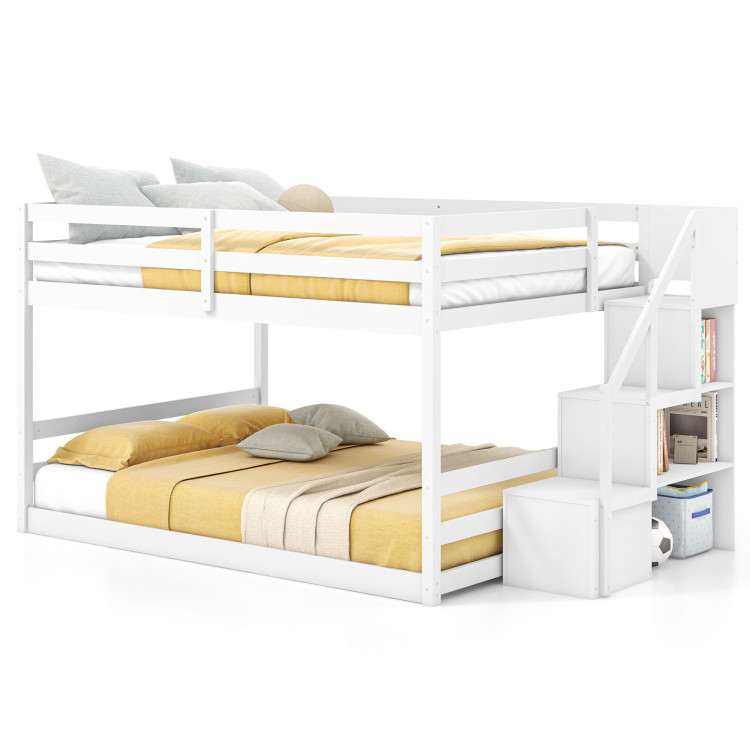 Solid Wood Full Over Full Low Bunk Bed with Storage Stairs - Image 4