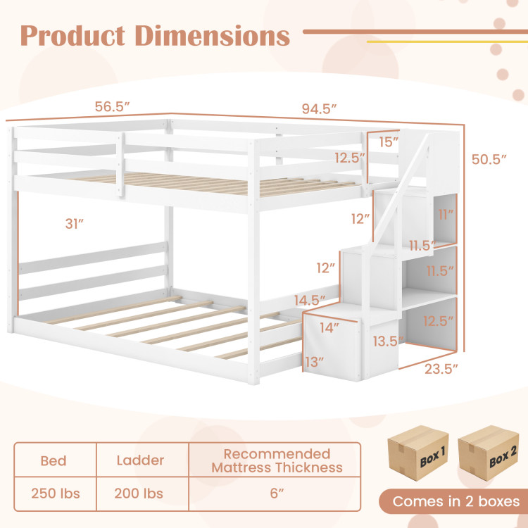 Solid Wood Full Over Full Low Bunk Bed with Storage Stairs - Image 5