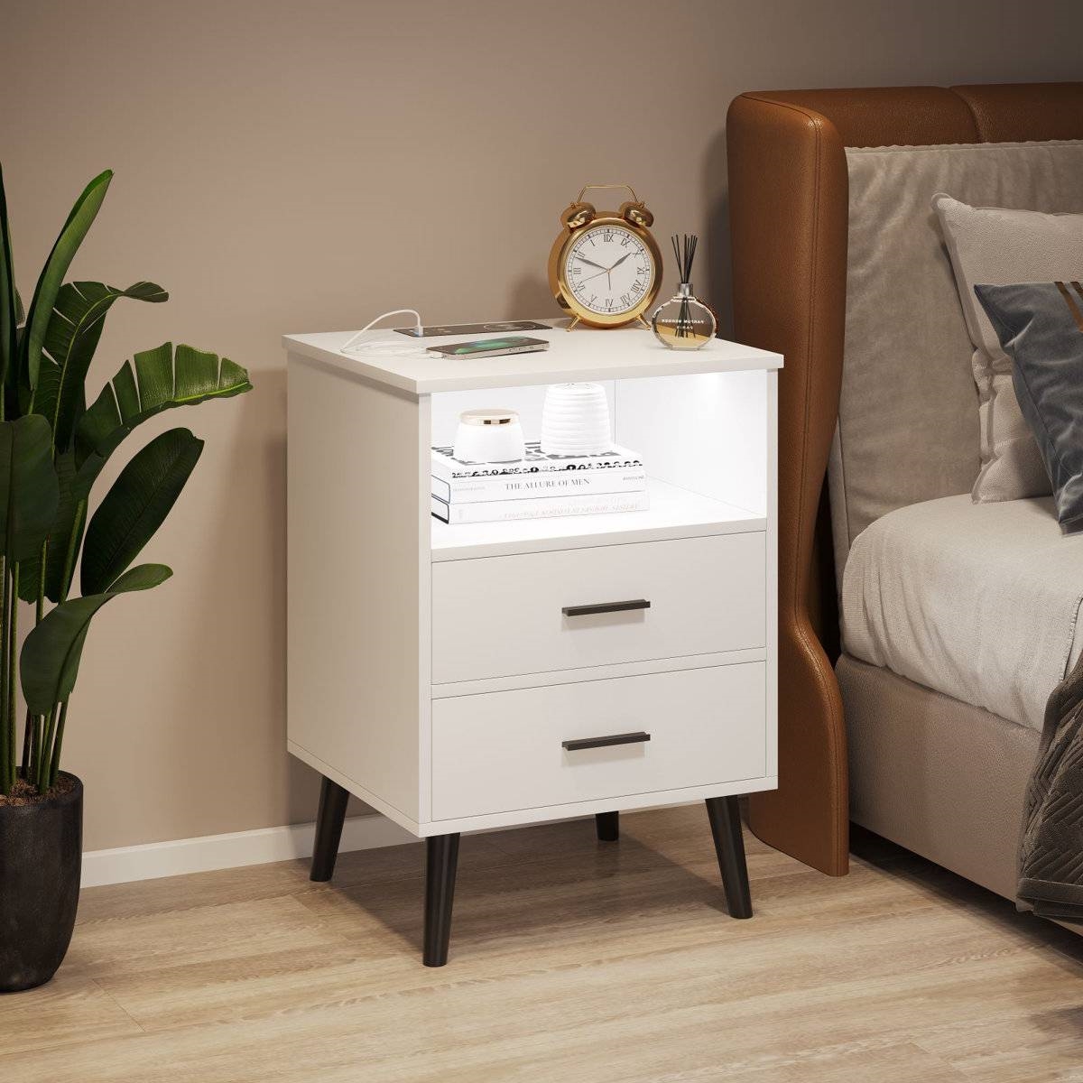 White Modern Lighted LED USP Port 2-Drawer Side Table Nightstand