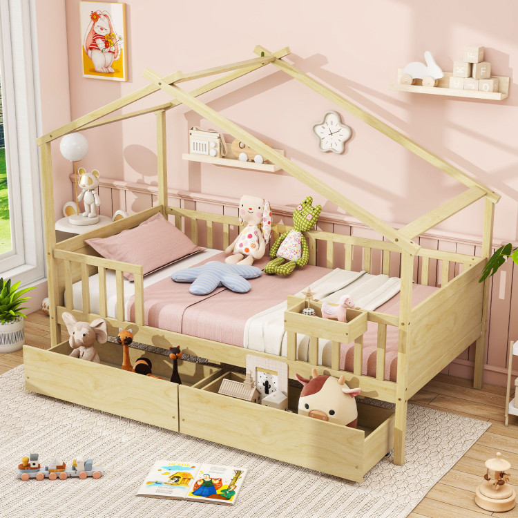 Twin House Bed with 2 Storage Drawers and Roof & Fence Rails - Image 3