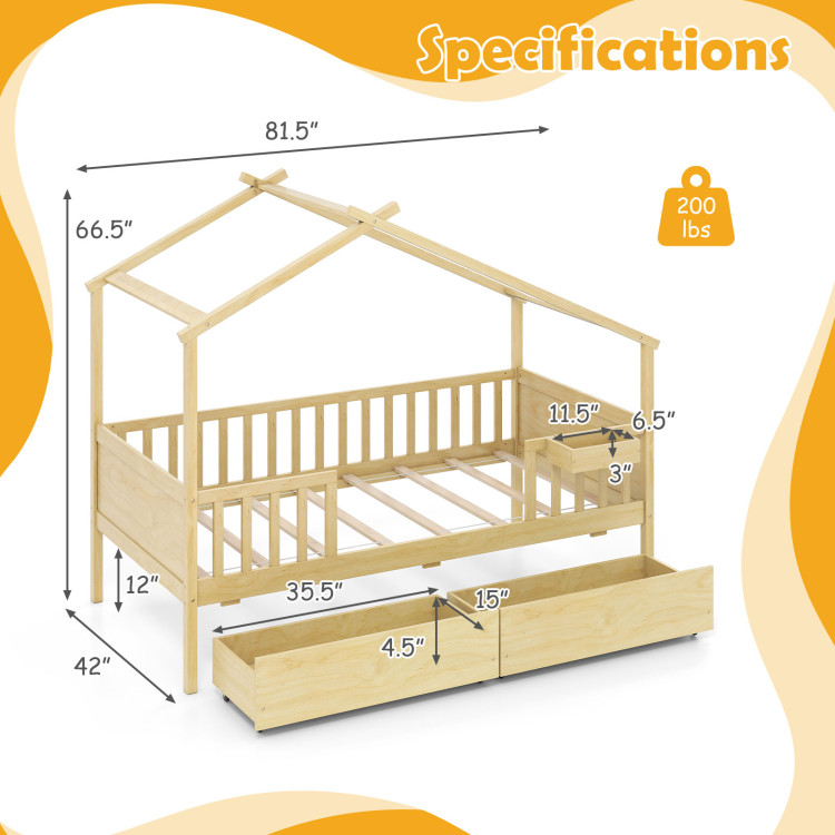 Twin House Bed with 2 Storage Drawers and Roof & Fence Rails - Image 4
