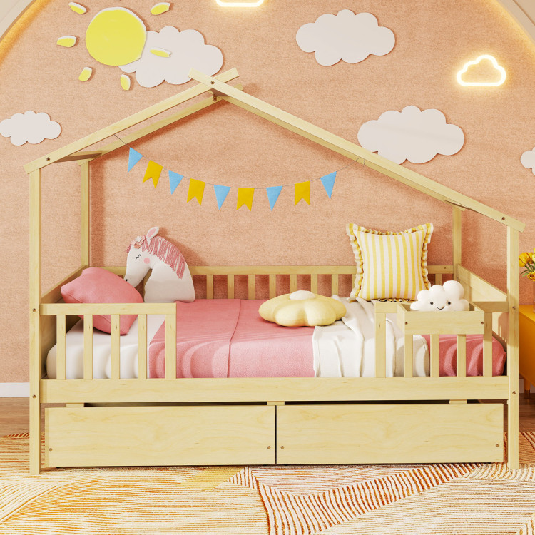 Twin House Bed with 2 Storage Drawers and Roof & Fence Rails - Image 5