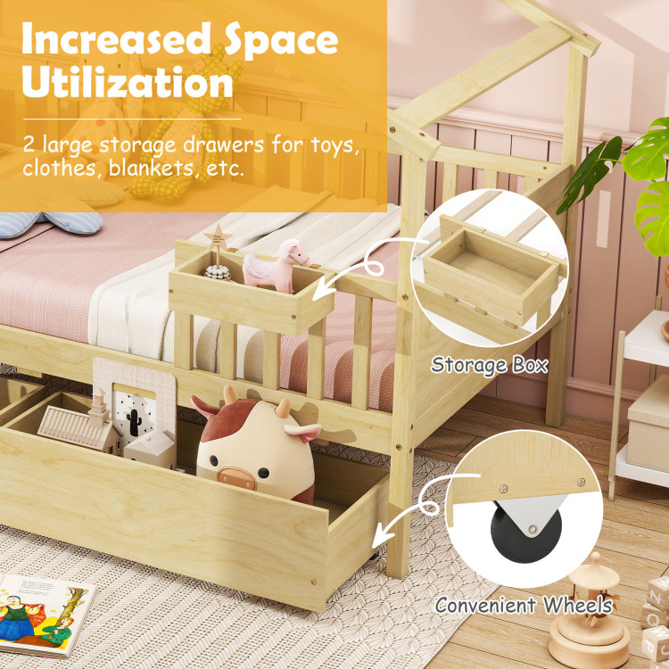 Twin House Bed with 2 Storage Drawers and Roof & Fence Rails - Image 7