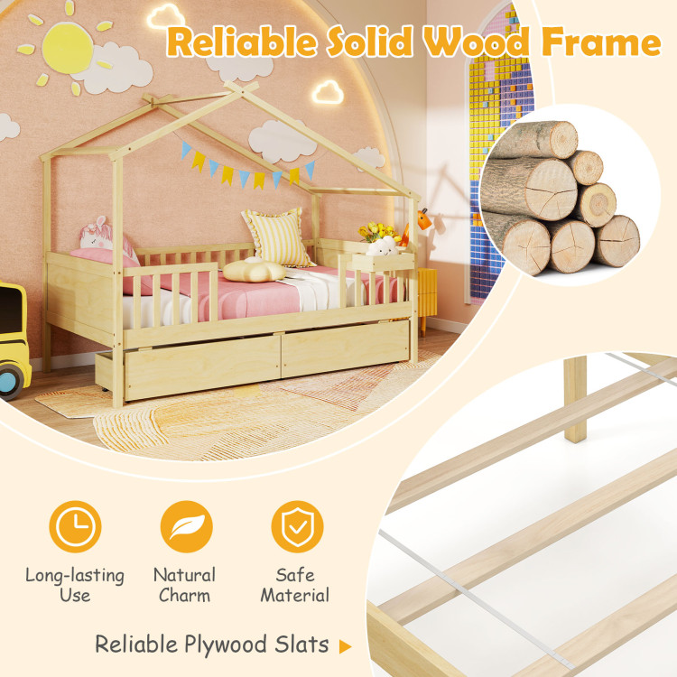 Twin House Bed with 2 Storage Drawers and Roof & Fence Rails - Image 9
