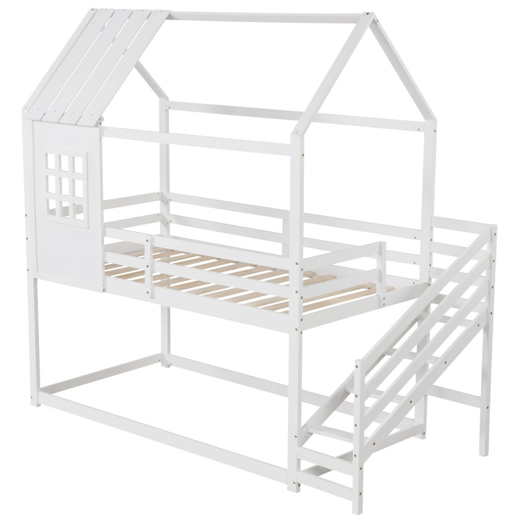 Twin House Bed with Stairs and Roof for Kids - Image 1