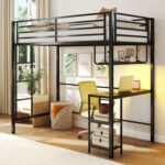 Twin Loft Bed with Desk LED Lights Charging Station Heavy-duty Metal Bed Frame with Guardrail - Image 2
