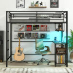 Twin Loft Bed with Desk LED Lights Charging Station Heavy-duty Metal Bed Frame with Guardrail - Image 3