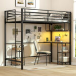 Twin Loft Bed with Desk LED Lights Charging Station Heavy-duty Metal Bed Frame with Guardrail - Image 5