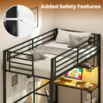 Twin Loft Bed with Desk LED Lights Charging Station Heavy-duty Metal Bed Frame with Guardrail - Image 9