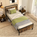 Twin/Full/Queen/King Metal Bed Frame Industrial Platform Bed with Wooden Headboard - Image 3