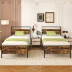 Twin/Full/Queen/King Metal Bed Frame Industrial Platform Bed with Wooden Headboard - Image 6