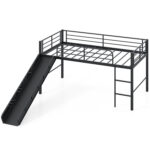 Twin Metal Loft Bed with Slide Safety Guardrails and Built-in Ladder