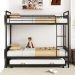 Twin Over Twin Bunk Bed with Trundle with Ladder and Full-length Guardrails - Image 3